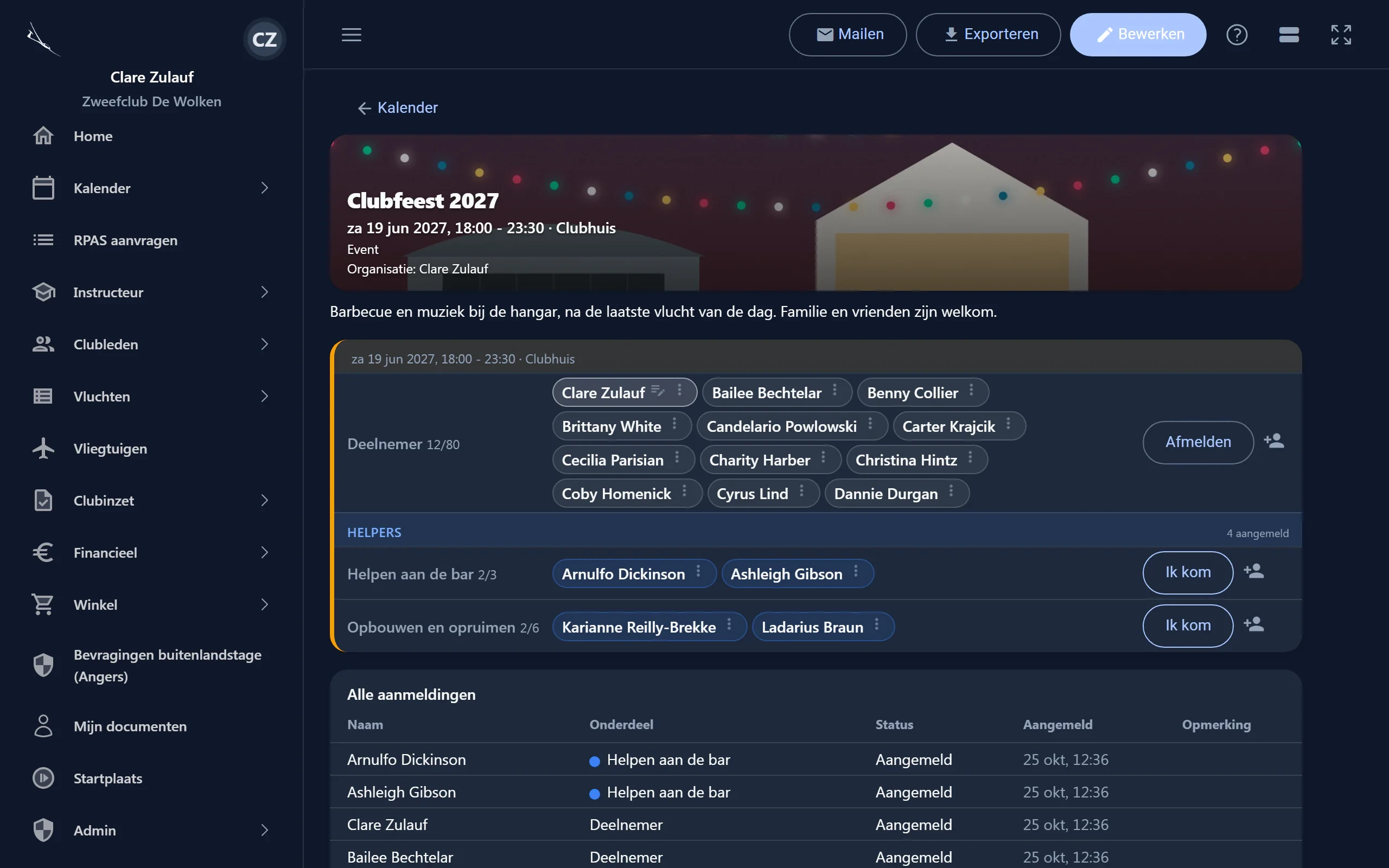 De pagina van het clubfeest: wanneer, waar, de organisatie en de uitleg, de onderdelen met wie komt, en onderaan alle aanmeldingen; bovenaan Mailen, Exporteren en Bewerken