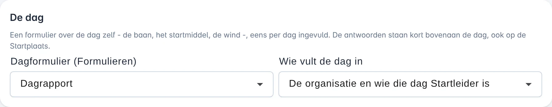 De sectie De dag in de editor van de vliegdag: het dagformulier Dagrapport, en wie de dag invult: de organisatie en wie die dag Startleider is