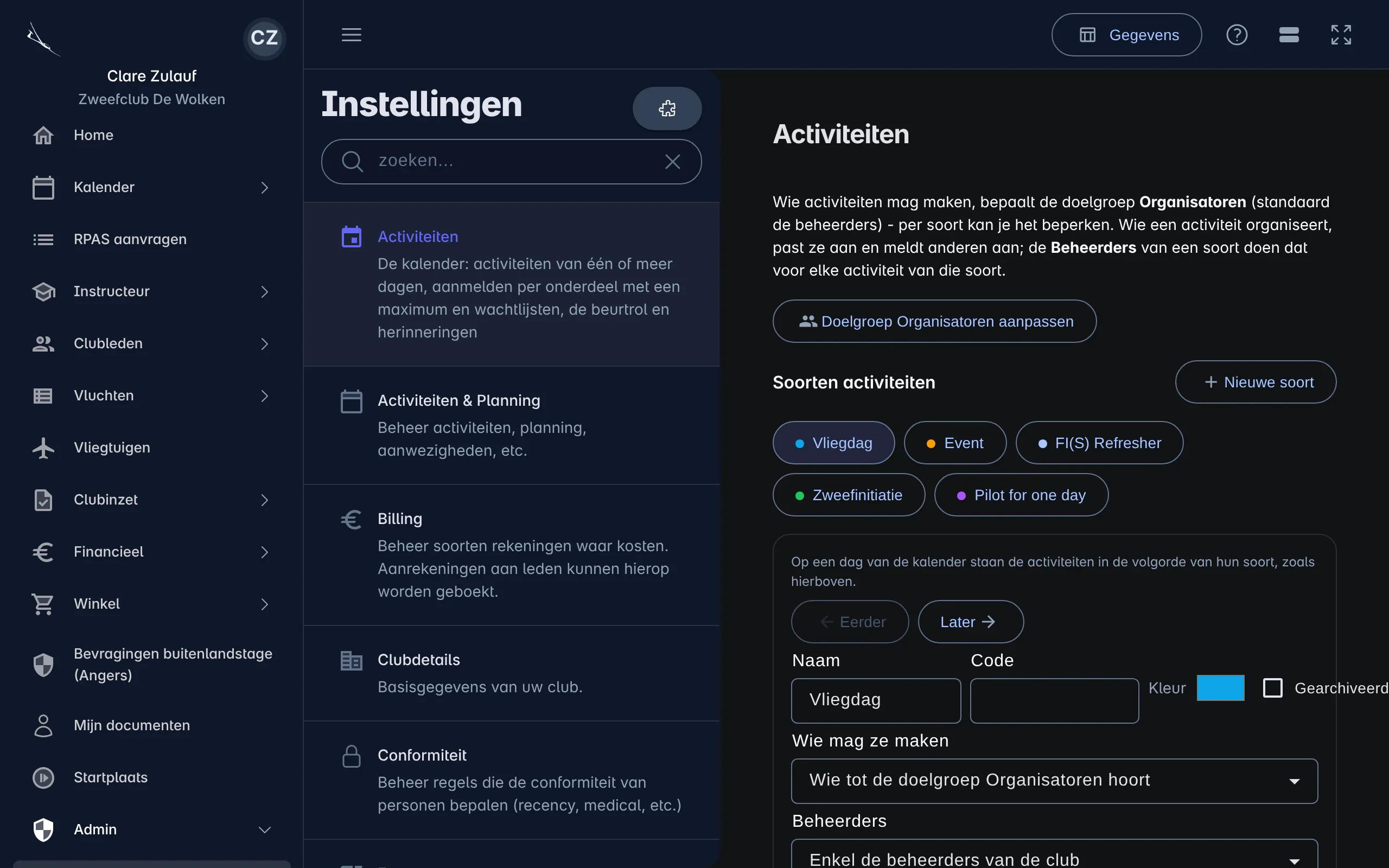 Instellingen › Activiteiten: de doelgroep Organisatoren, de soorten activiteiten met hun kleur, en de soort Vliegdag geopend met wie ze mag maken en wie ze beheert
