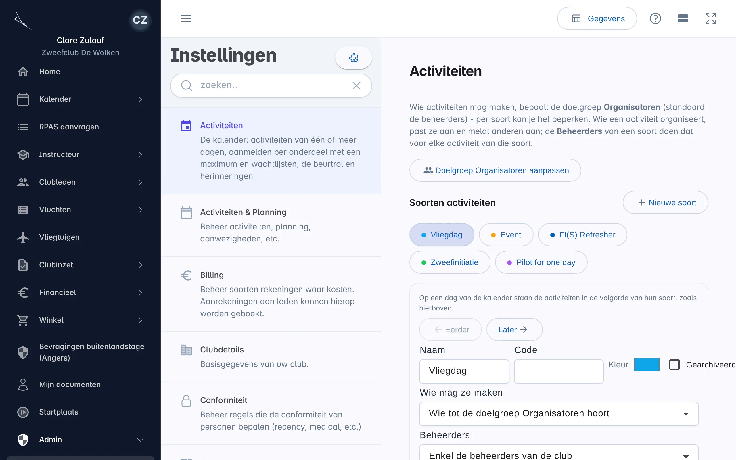 Instellingen › Activiteiten: de doelgroep Organisatoren, de soorten activiteiten met hun kleur, en de soort Vliegdag geopend met wie ze mag maken en wie ze beheert