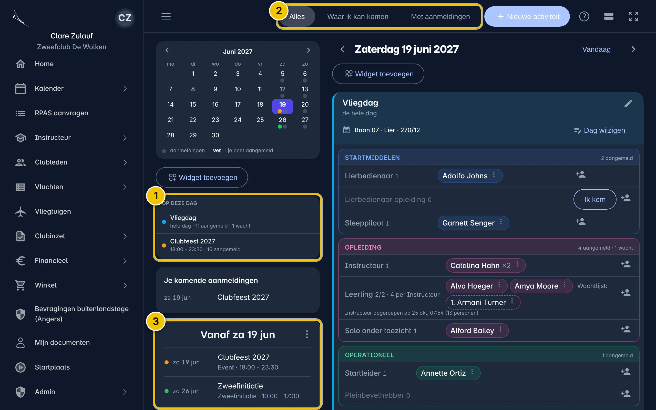 De kalender op een zaterdag: links de maand, Op deze dag met de vliegdag en het clubfeest, je komende aanmeldingen en de widget Komende activiteiten; rechts de datum en de kaart van de vliegdag met zijn onderdelen; bovenaan de keuze Alles, Waar ik kan komen en Met aanmeldingen