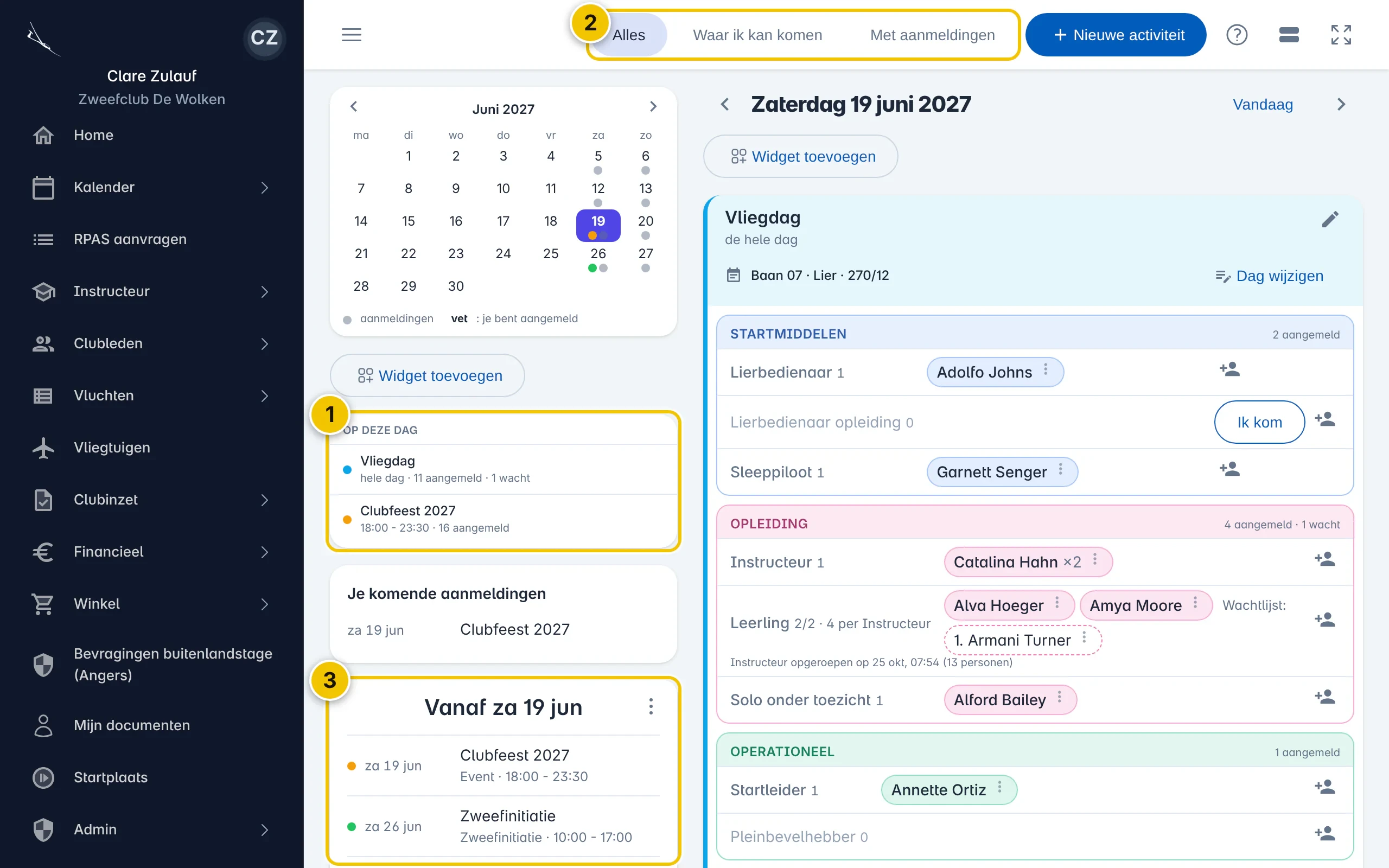 De kalender op een zaterdag: links de maand, Op deze dag met de vliegdag en het clubfeest, je komende aanmeldingen en de widget Komende activiteiten; rechts de datum en de kaart van de vliegdag met zijn onderdelen; bovenaan de keuze Alles, Waar ik kan komen en Met aanmeldingen