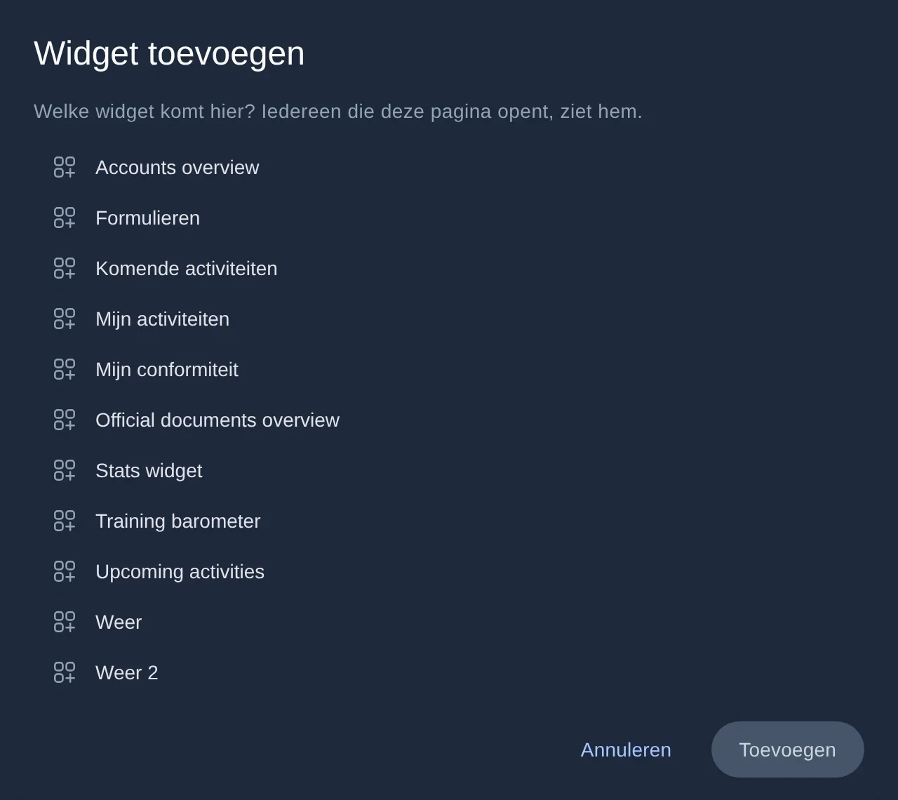 Het venster Widget toevoegen: welke widget komt hier, iedereen die deze pagina opent ziet hem, met de widgets van de modules van de club