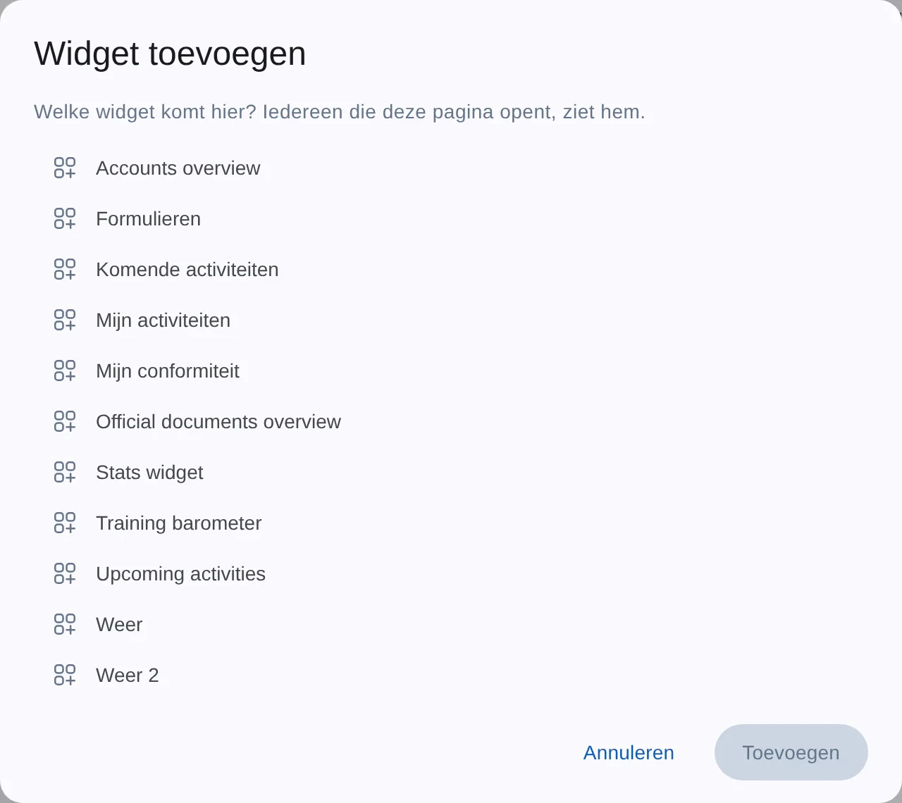 Het venster Widget toevoegen: welke widget komt hier, iedereen die deze pagina opent ziet hem, met de widgets van de modules van de club