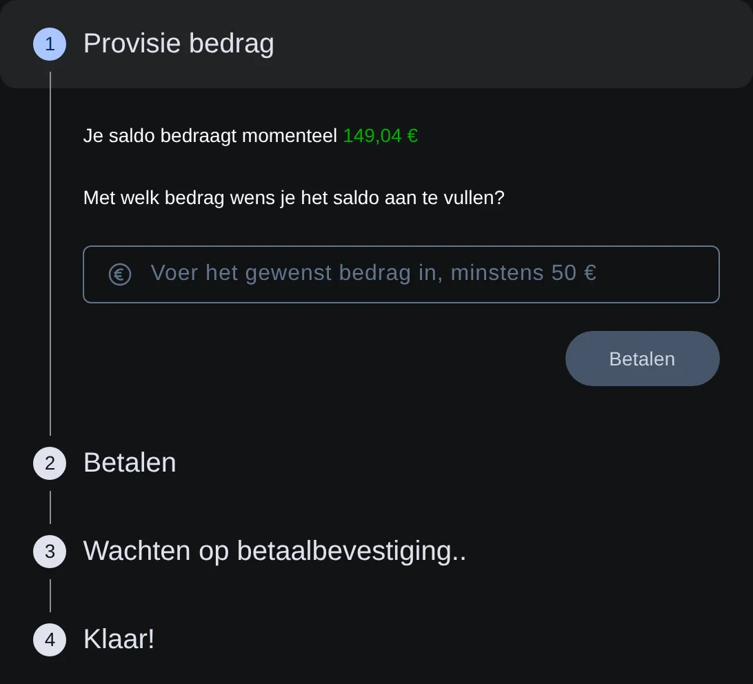 Het venster om online bij te storten met het huidige saldo en het bedrag