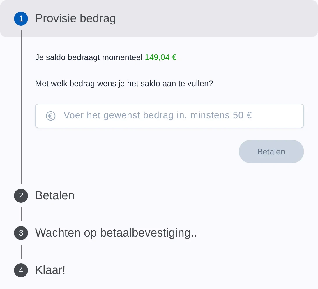 Het venster om online bij te storten met het huidige saldo en het bedrag