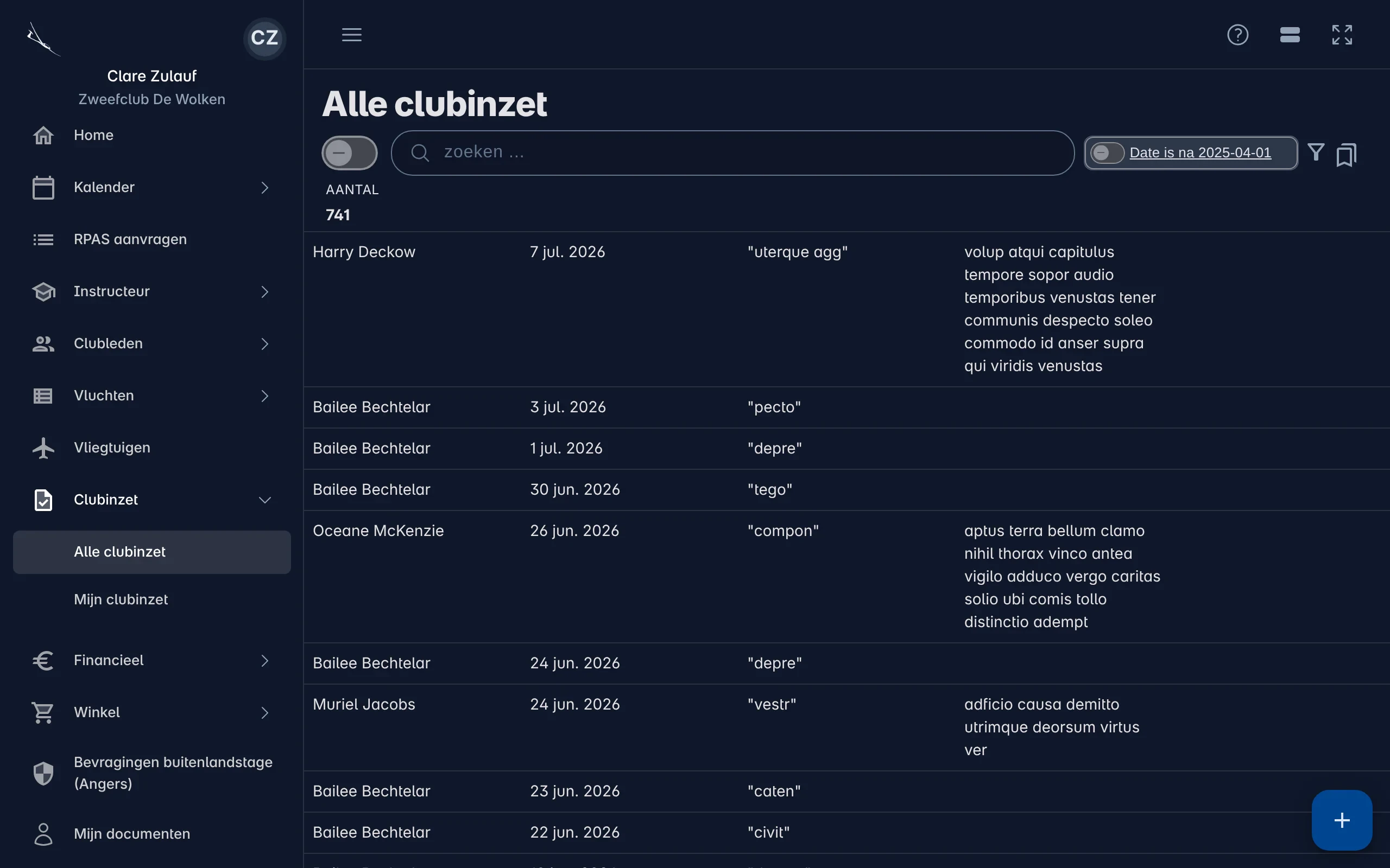 De lijst Mijn clubinzet met de geregistreerde prestaties