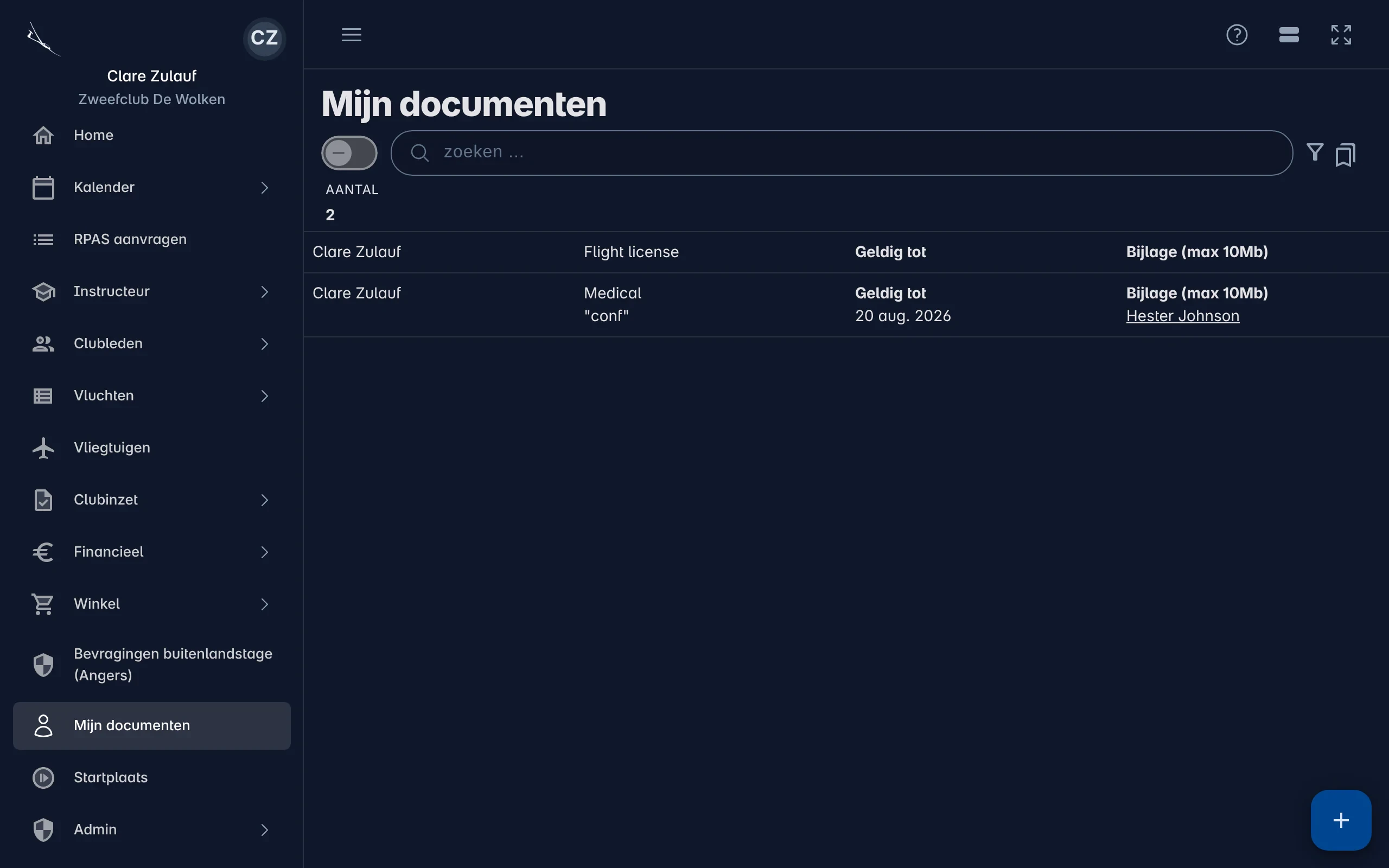 De lijst Mijn documenten met de documenten van een lid en hun geldigheid