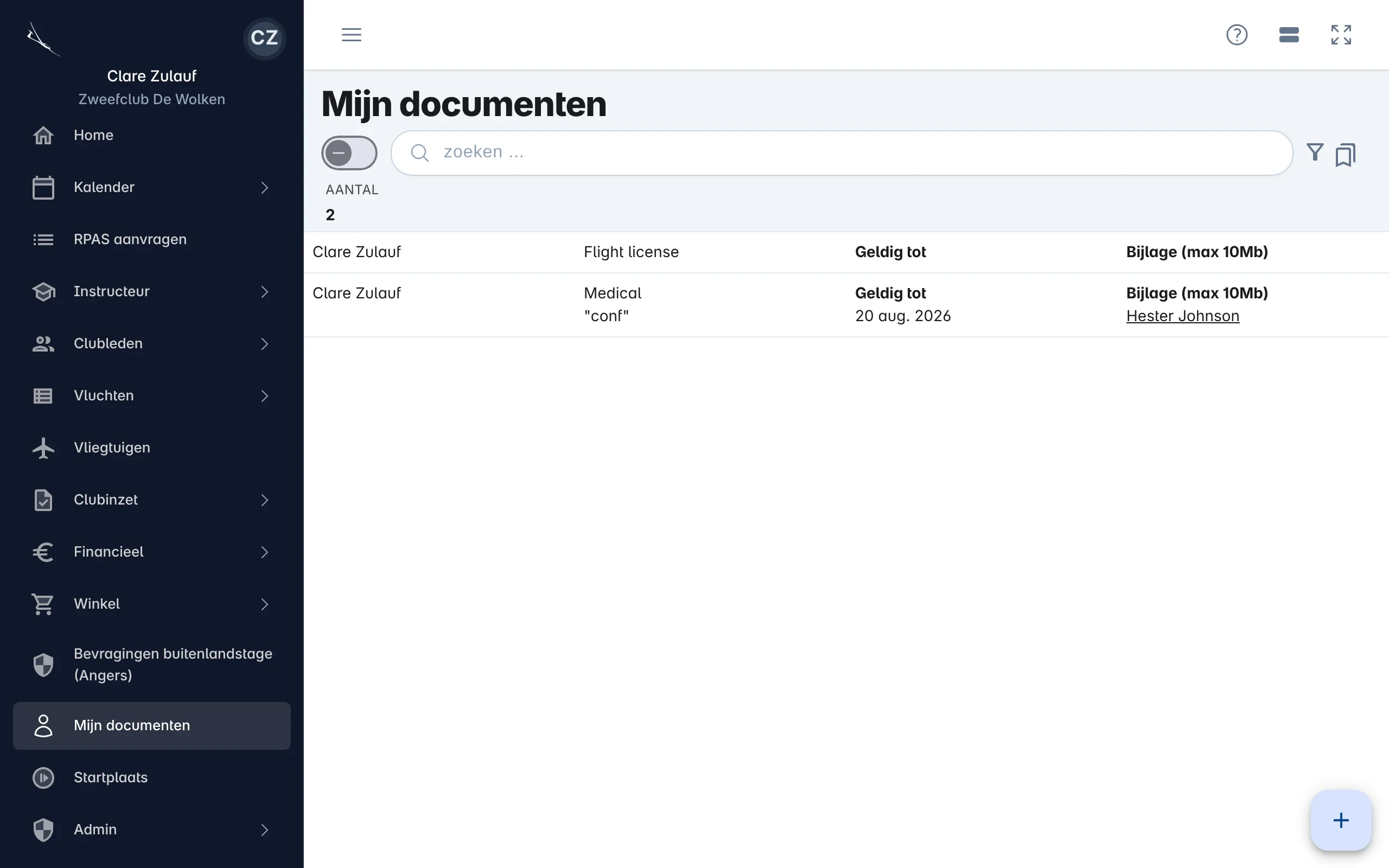 De lijst Mijn documenten met de documenten van een lid en hun geldigheid