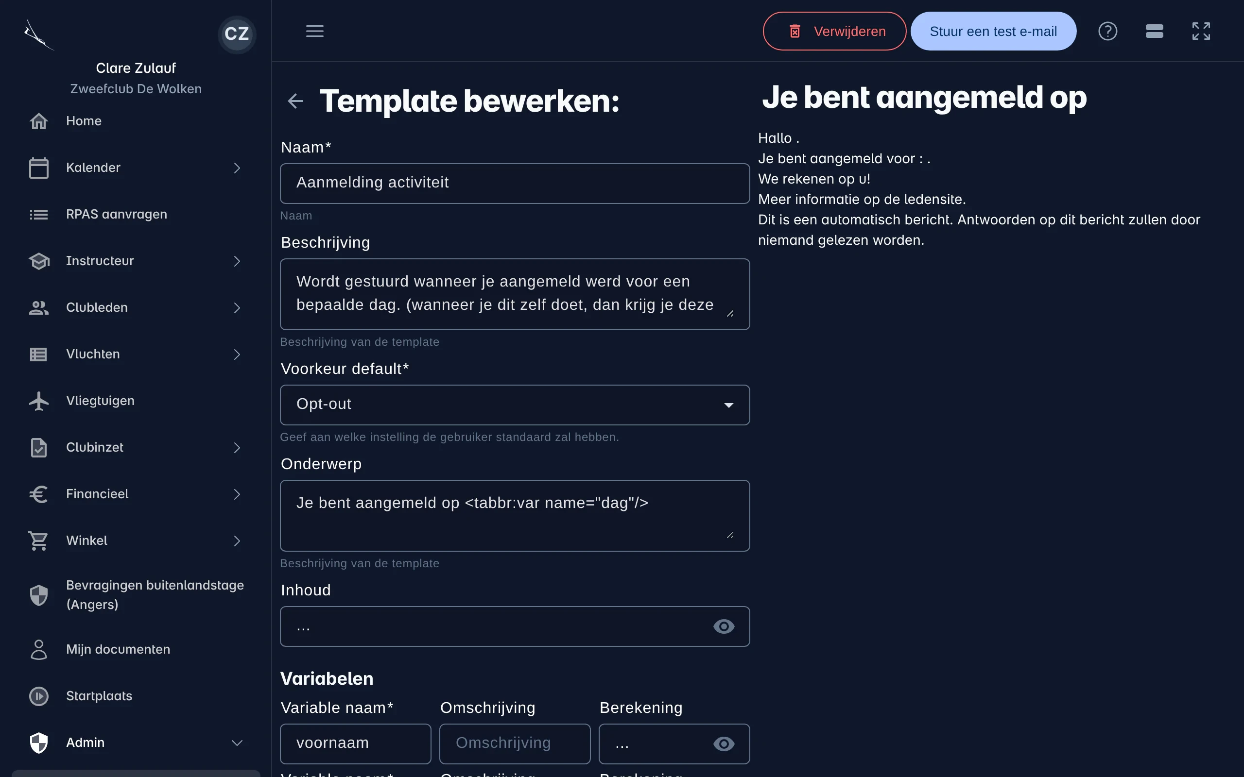 Een e-mailsjabloon met naam, onderwerp, inhoud, voorkeur en variabelen