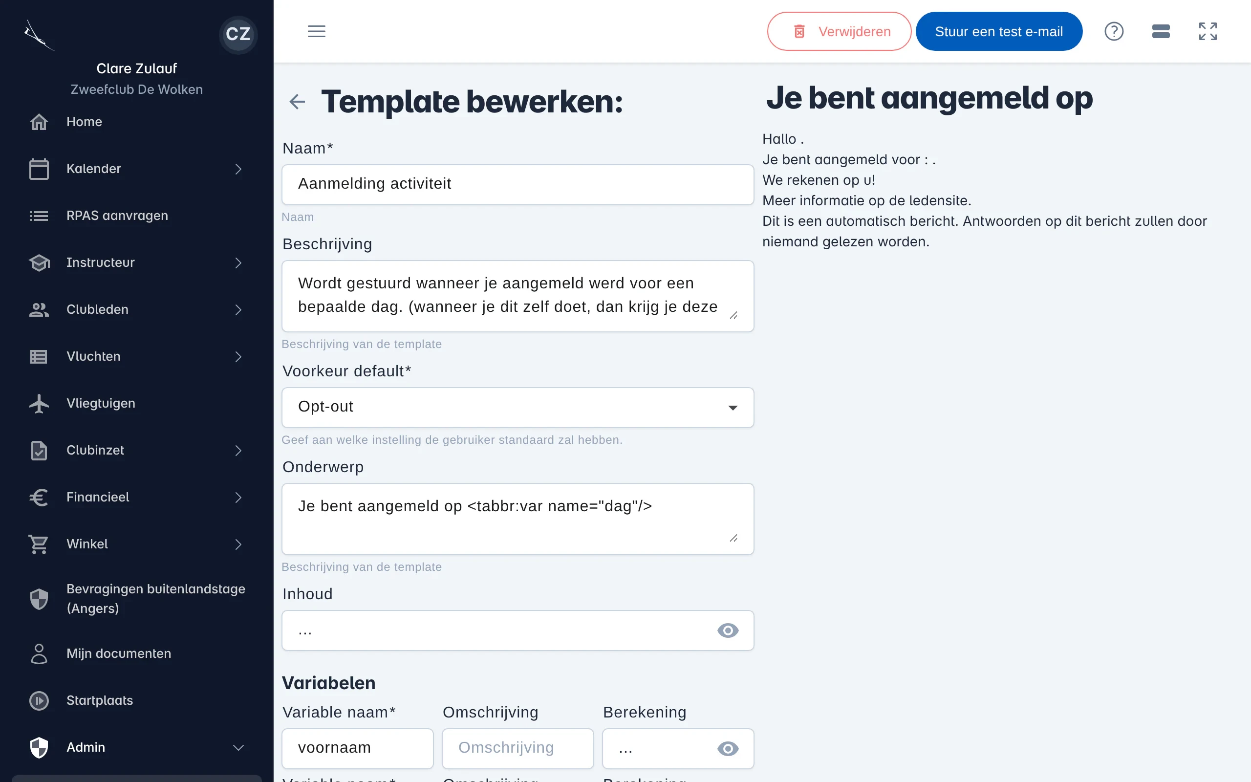 Een e-mailsjabloon met naam, onderwerp, inhoud, voorkeur en variabelen
