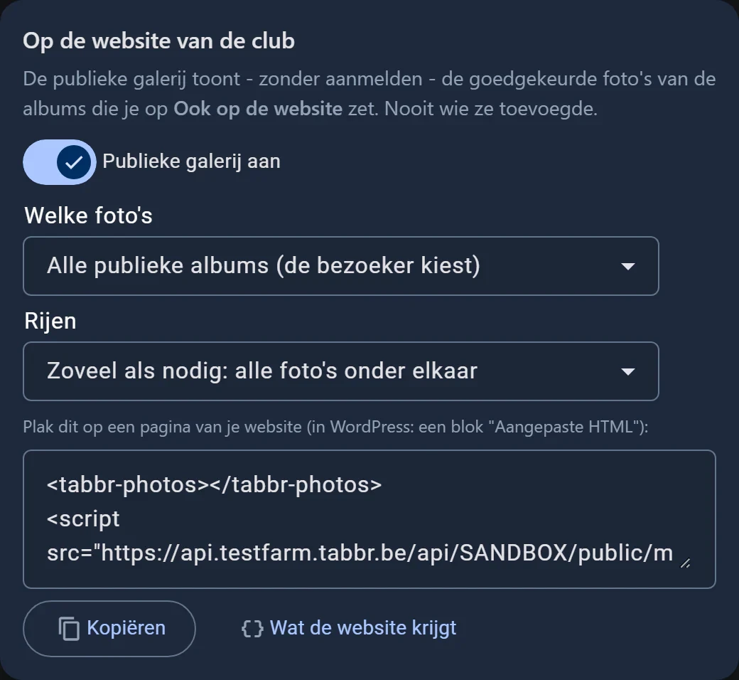Het deel Op de website van de club: Publieke galerij aan, welke foto's, het aantal rijen, en de code om op je website te plakken met de knop Kopiëren
