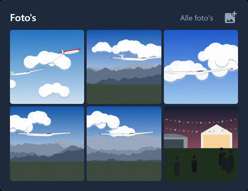 De widget Foto's met zes foto's in twee rijen, de link Alle foto's en het knopje Foto's toevoegen