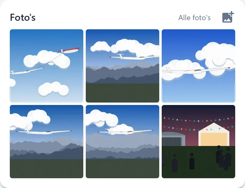 De widget Foto's met zes foto's in twee rijen, de link Alle foto's en het knopje Foto's toevoegen