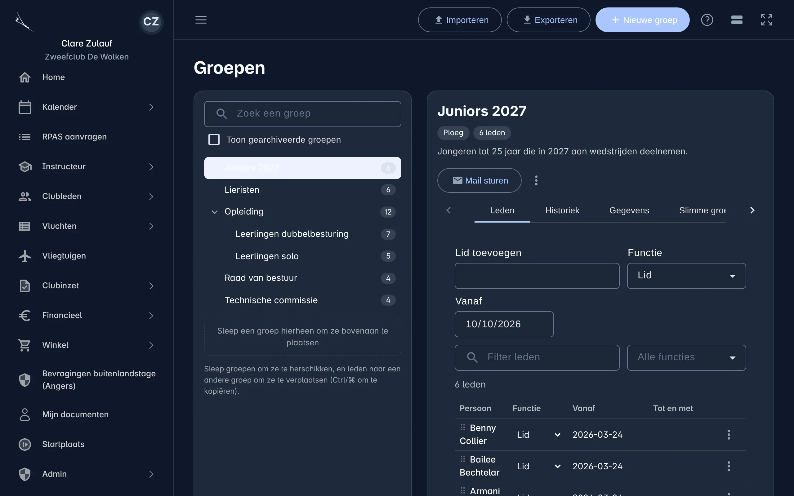 De groepenpagina met links de boom van groepen en rechts de leden van een groep met hun functie
