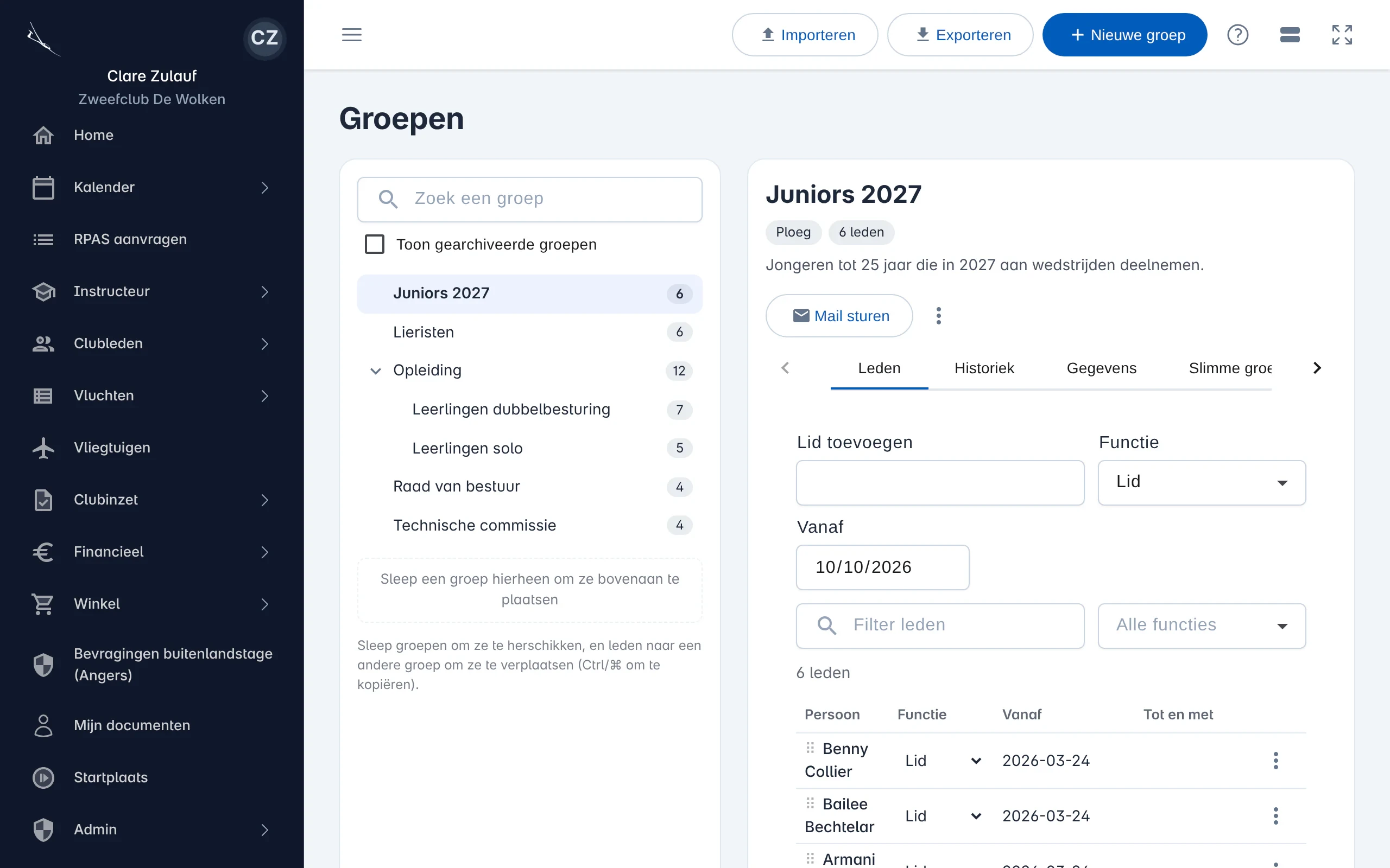 De groepenpagina met links de boom van groepen en rechts de leden van een groep met hun functie