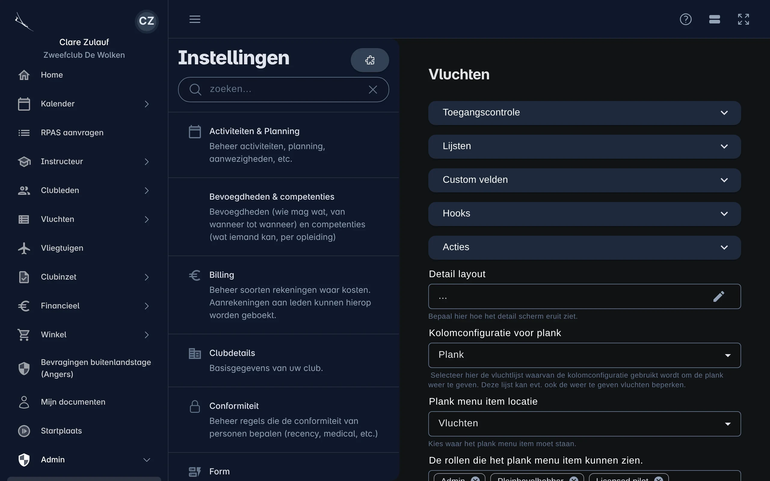 Het scherm Instellingen met links de modules en rechts de instellingen van de gekozen module