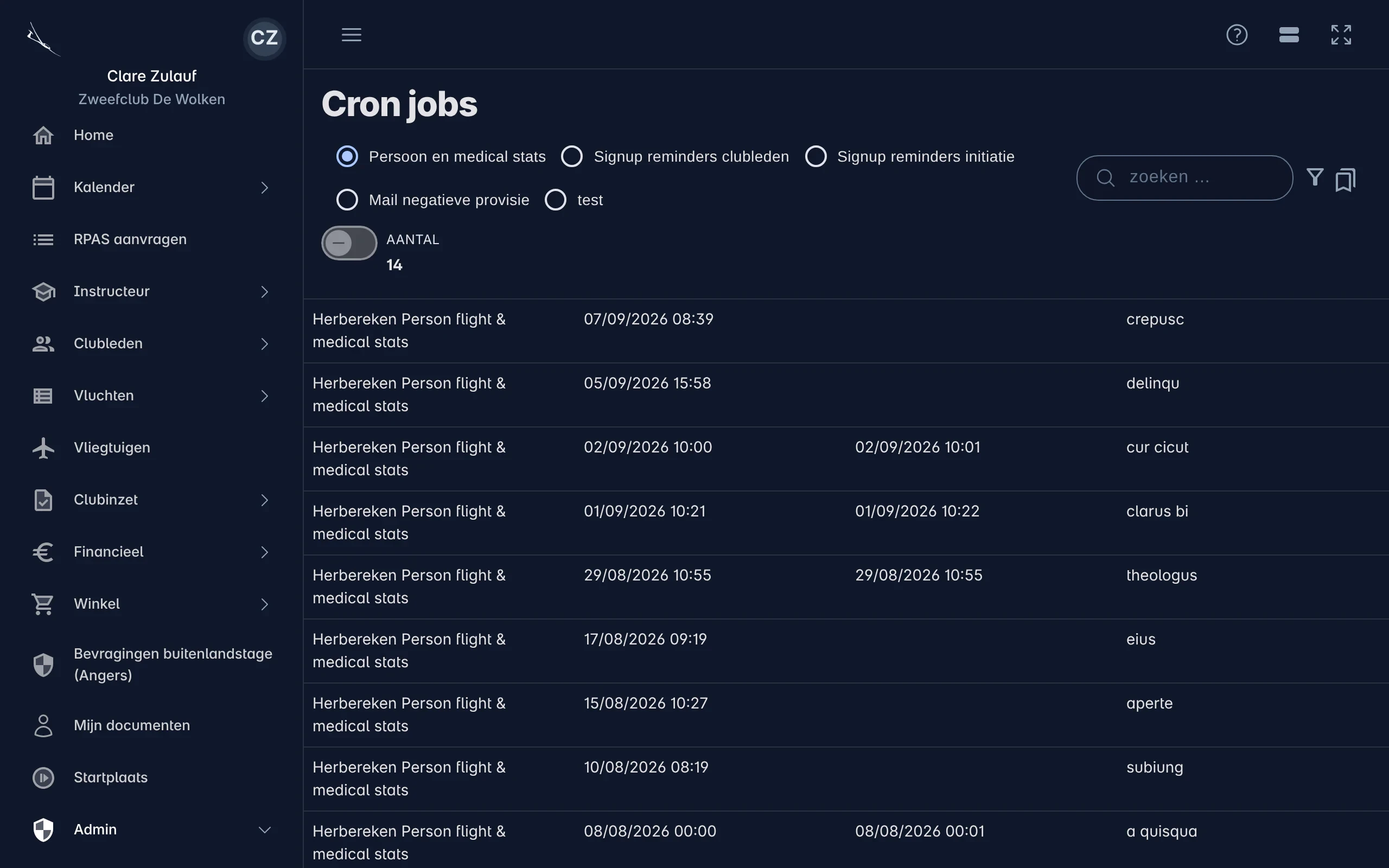 Een lijst van jobs met hun type, status en tijdstip