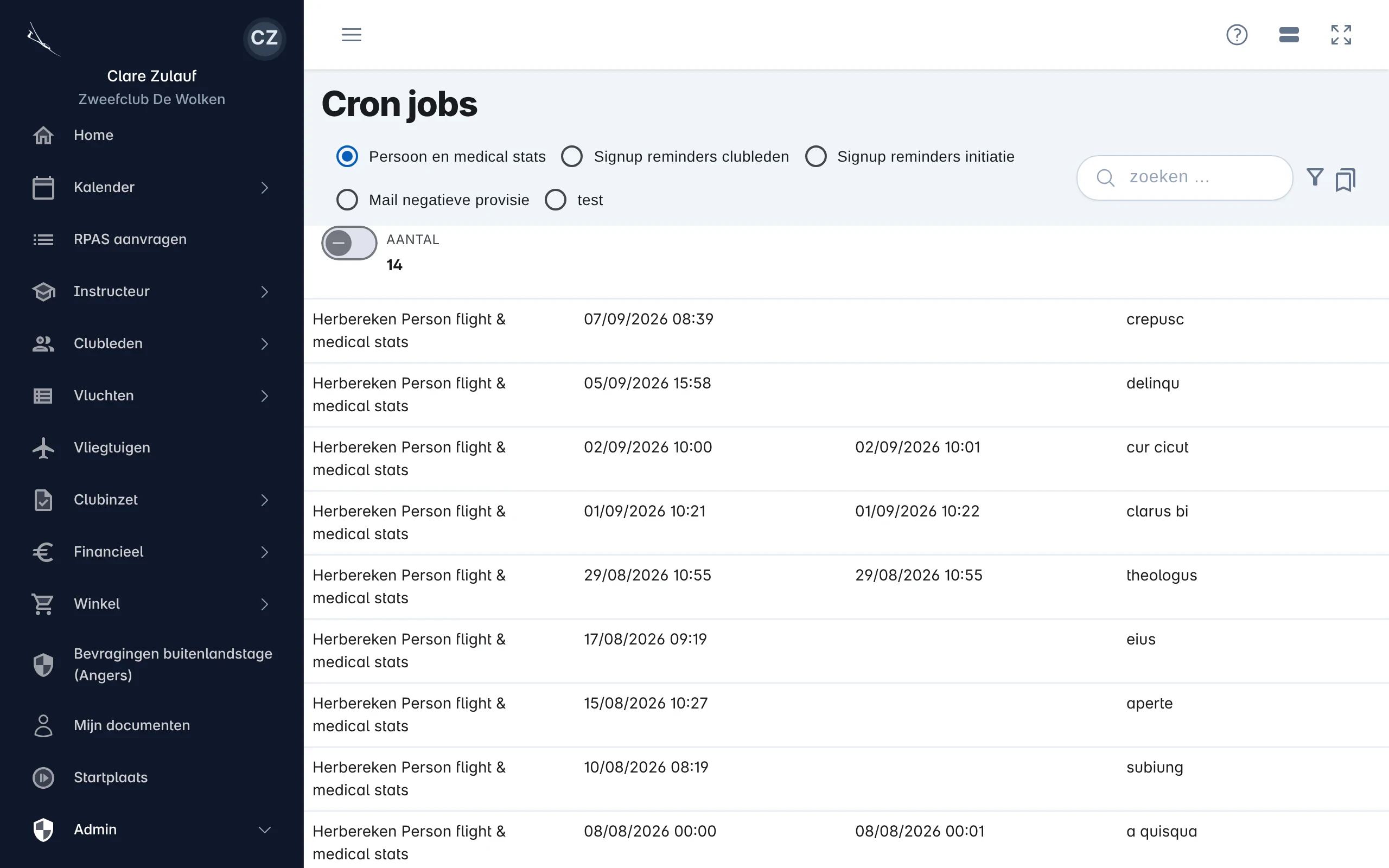 Een lijst van jobs met hun type, status en tijdstip