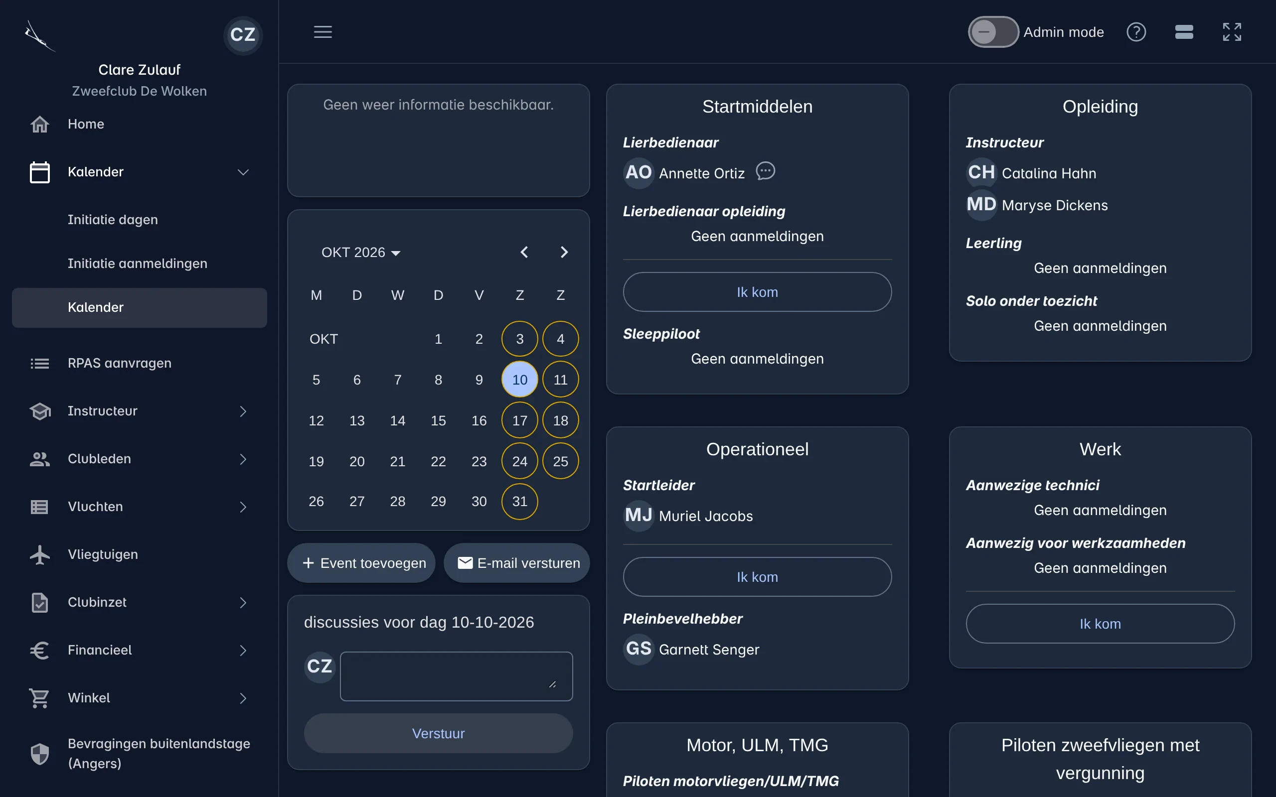 De kalender met een maandoverzicht, de discussie van de dag en kaarten per taak met de aangemelde personen en een knop Ik kom