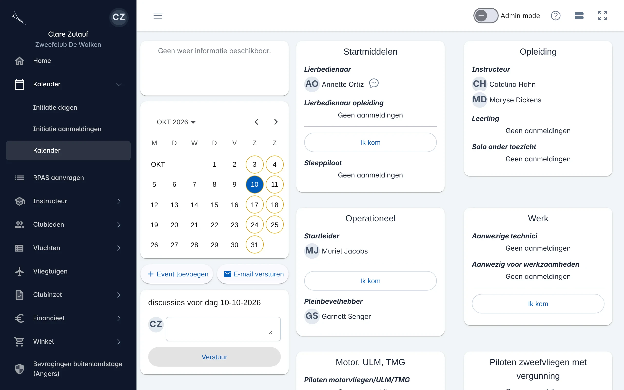 De kalender met een maandoverzicht, de discussie van de dag en kaarten per taak met de aangemelde personen en een knop Ik kom