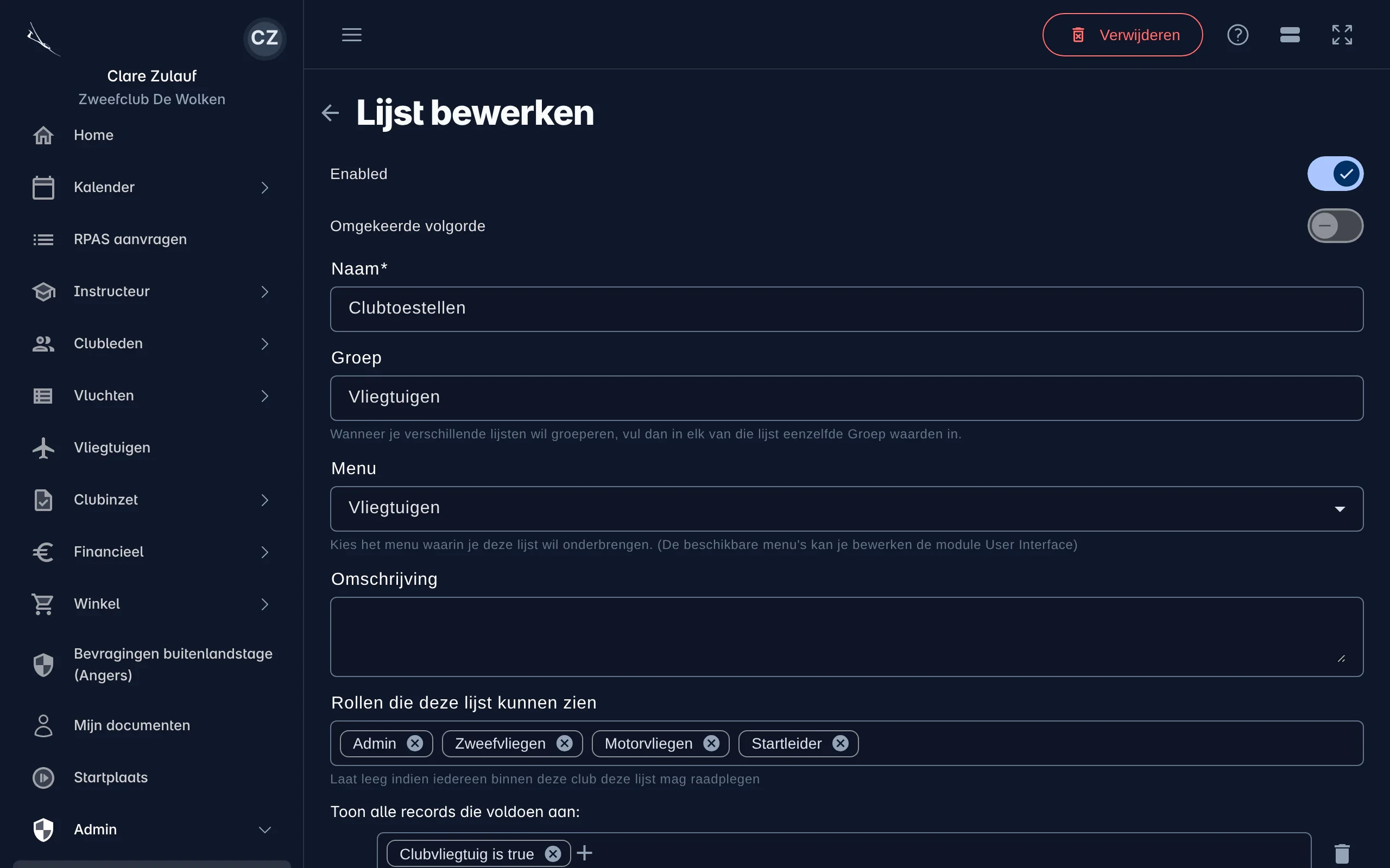 Het scherm om een lijst te bewerken met naam, groep, menu, rollen en de filter