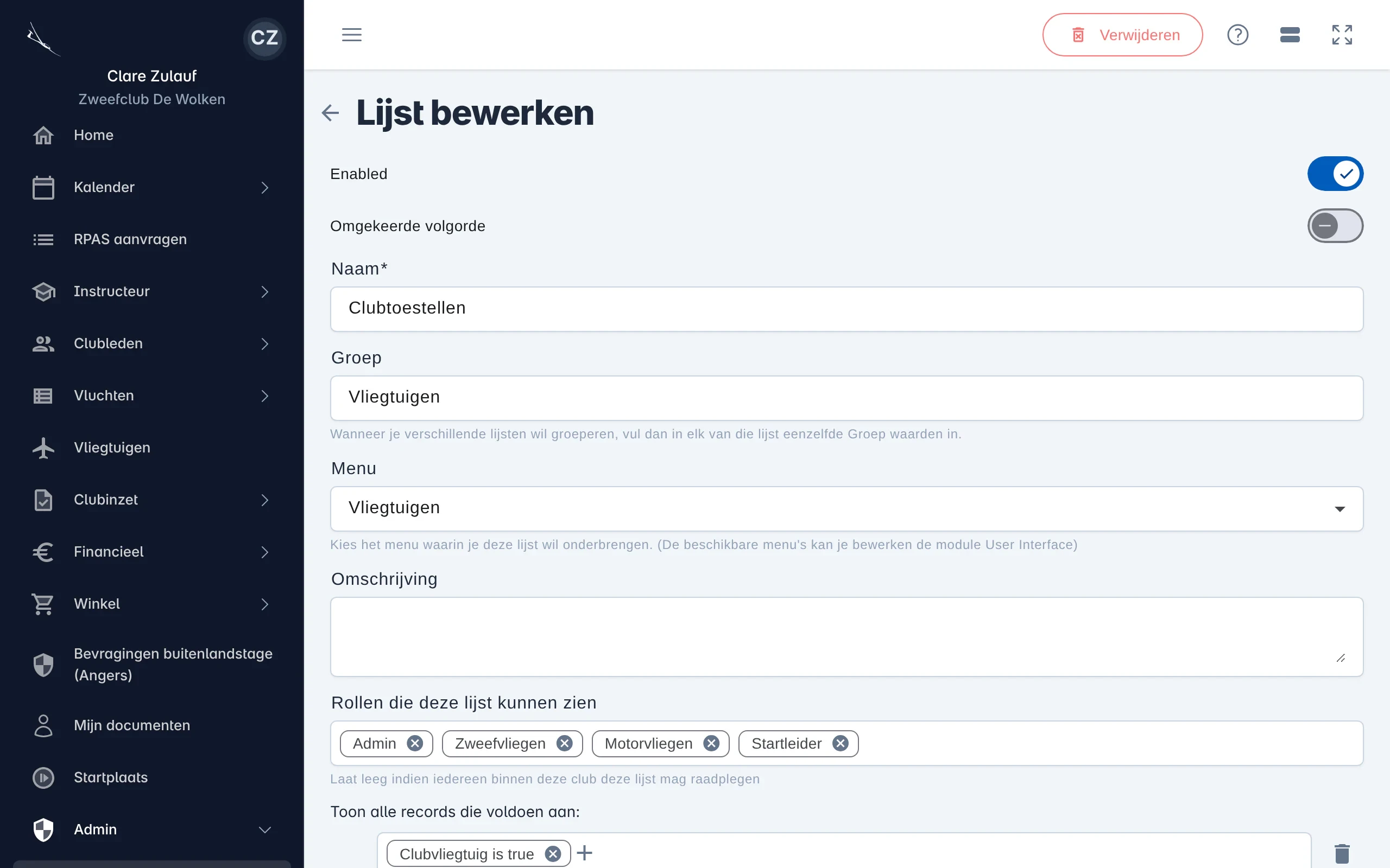 Het scherm om een lijst te bewerken met naam, groep, menu, rollen en de filter