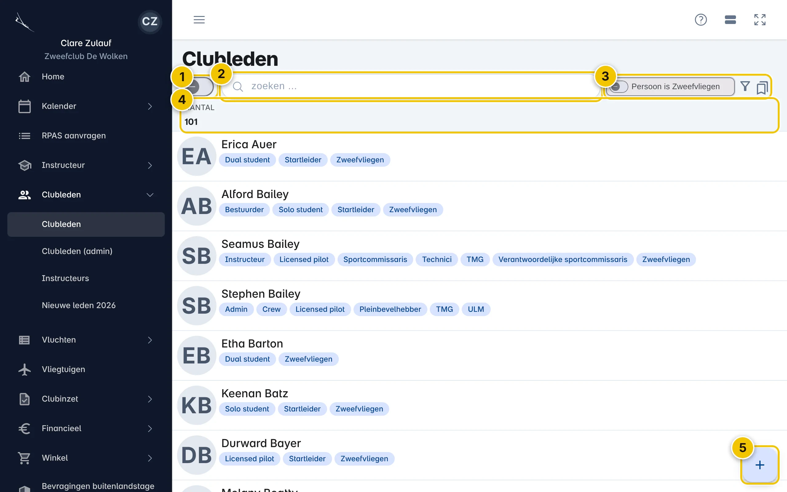 Een lijst met genummerde onderdelen: selectie, zoeken, filters, aantal en de knop om toe te voegen