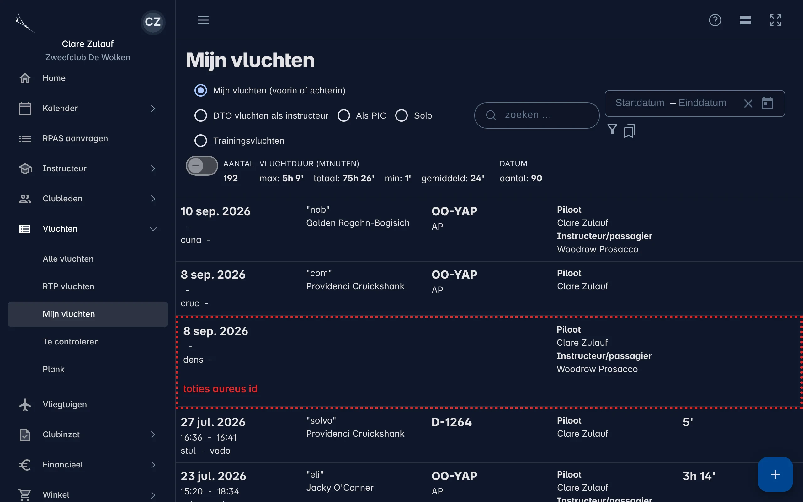 Mijn vluchten met varianten bovenaan, een datumfilter en het aantal en de totale vluchtduur
