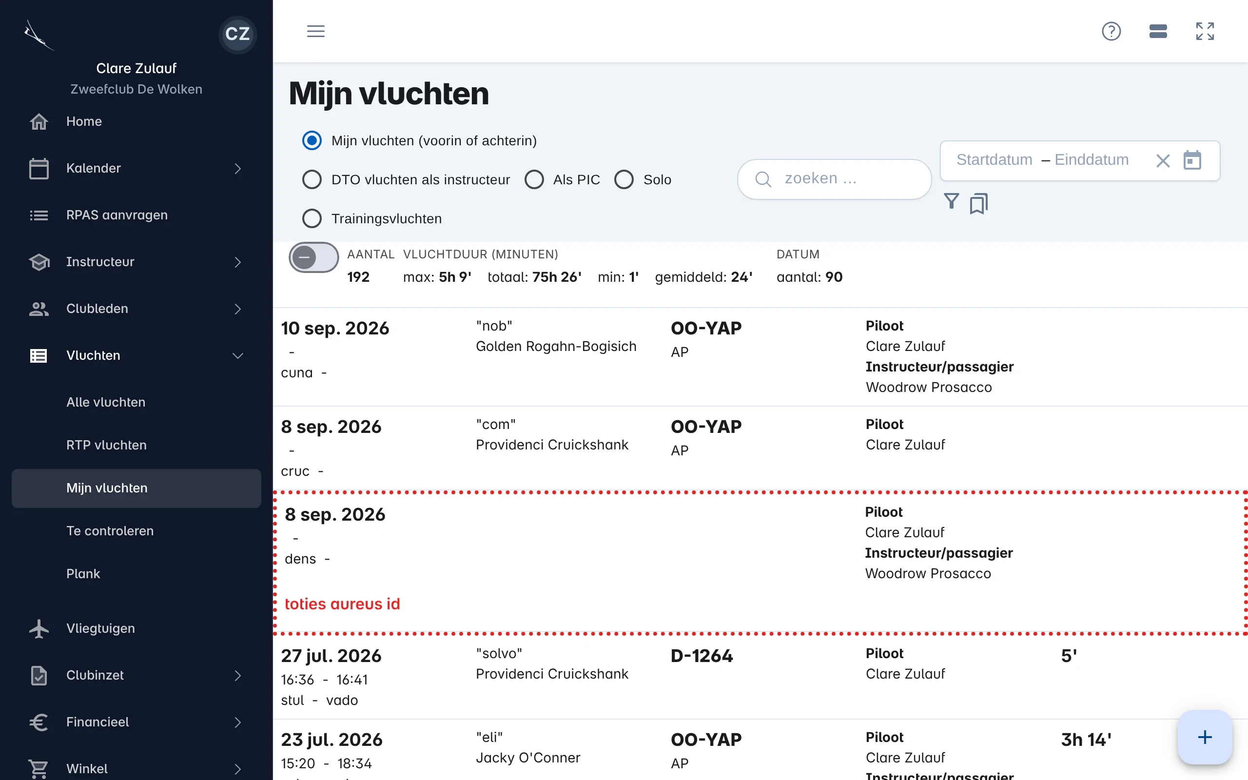 Mijn vluchten met varianten bovenaan, een datumfilter en het aantal en de totale vluchtduur