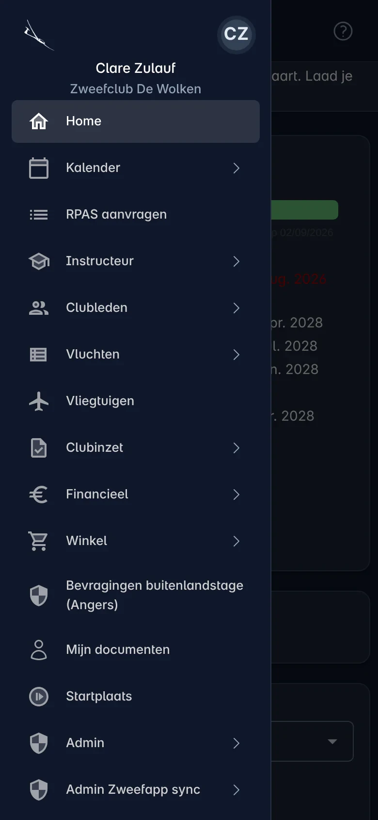 Het opengeklapte menu van Tabbr op een gsm
