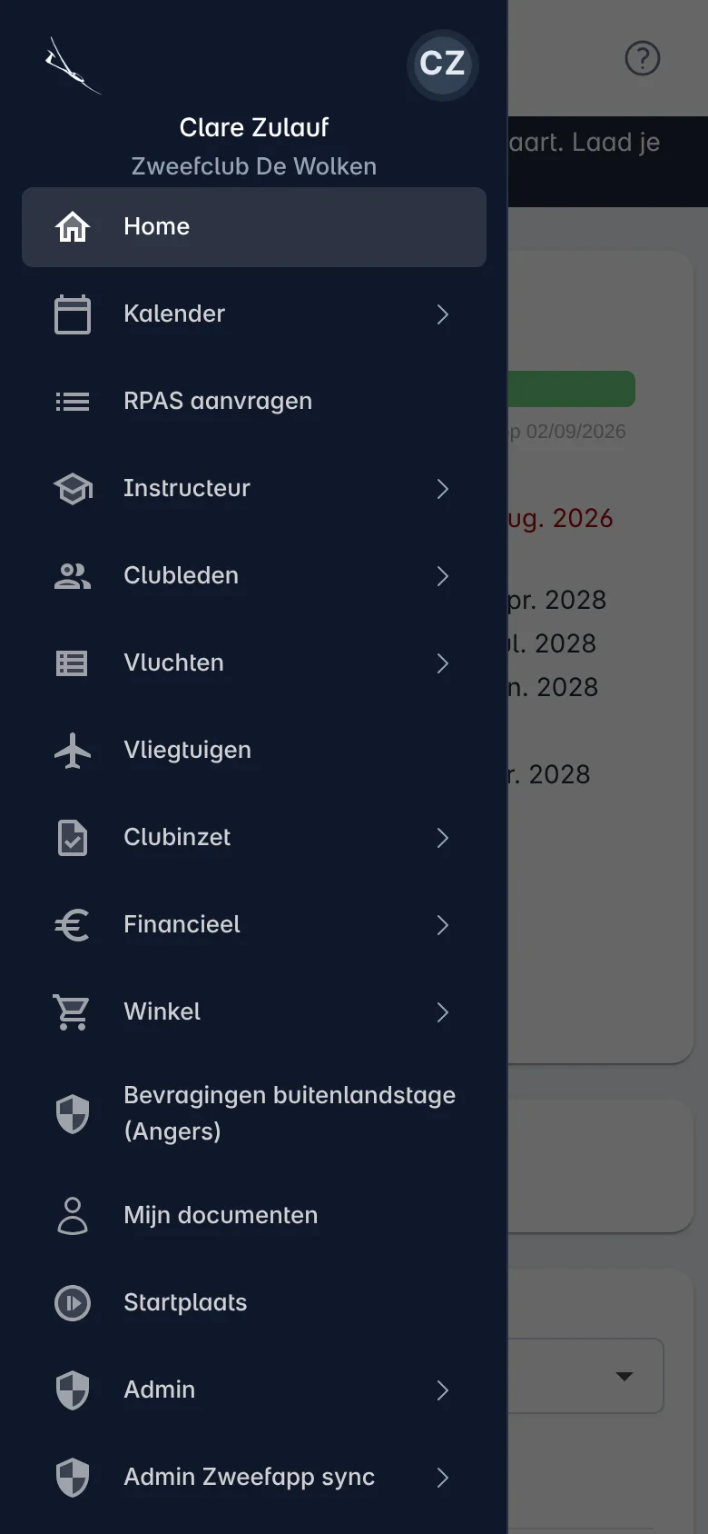 Het opengeklapte menu van Tabbr op een gsm