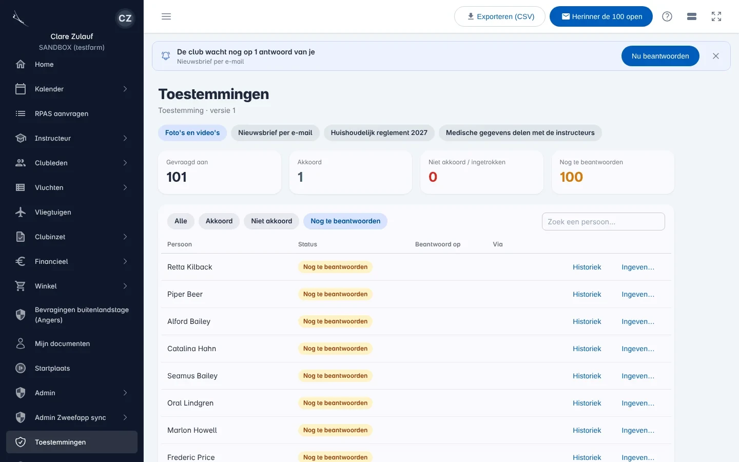 De opvolging van een toestemming: de aantallen gevraagd, akkoord, niet akkoord en nog te beantwoorden, en een lijst van personen