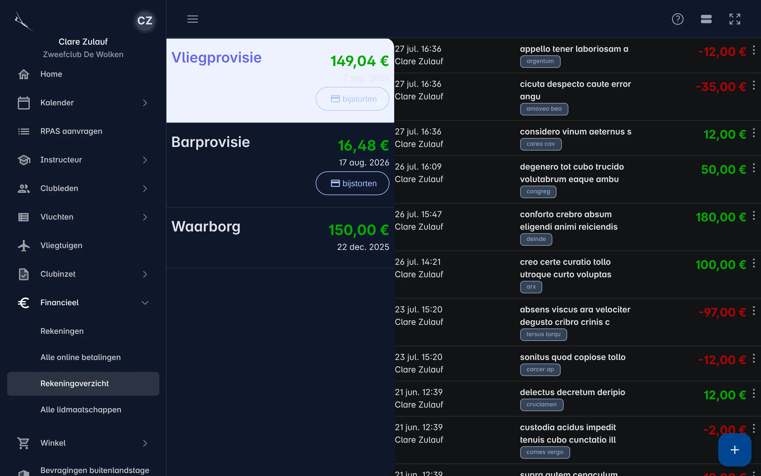 Het rekeningoverzicht met links de rekeningen Vliegprovisie, Barprovisie en Waarborg met hun saldo, en rechts de verrichtingen