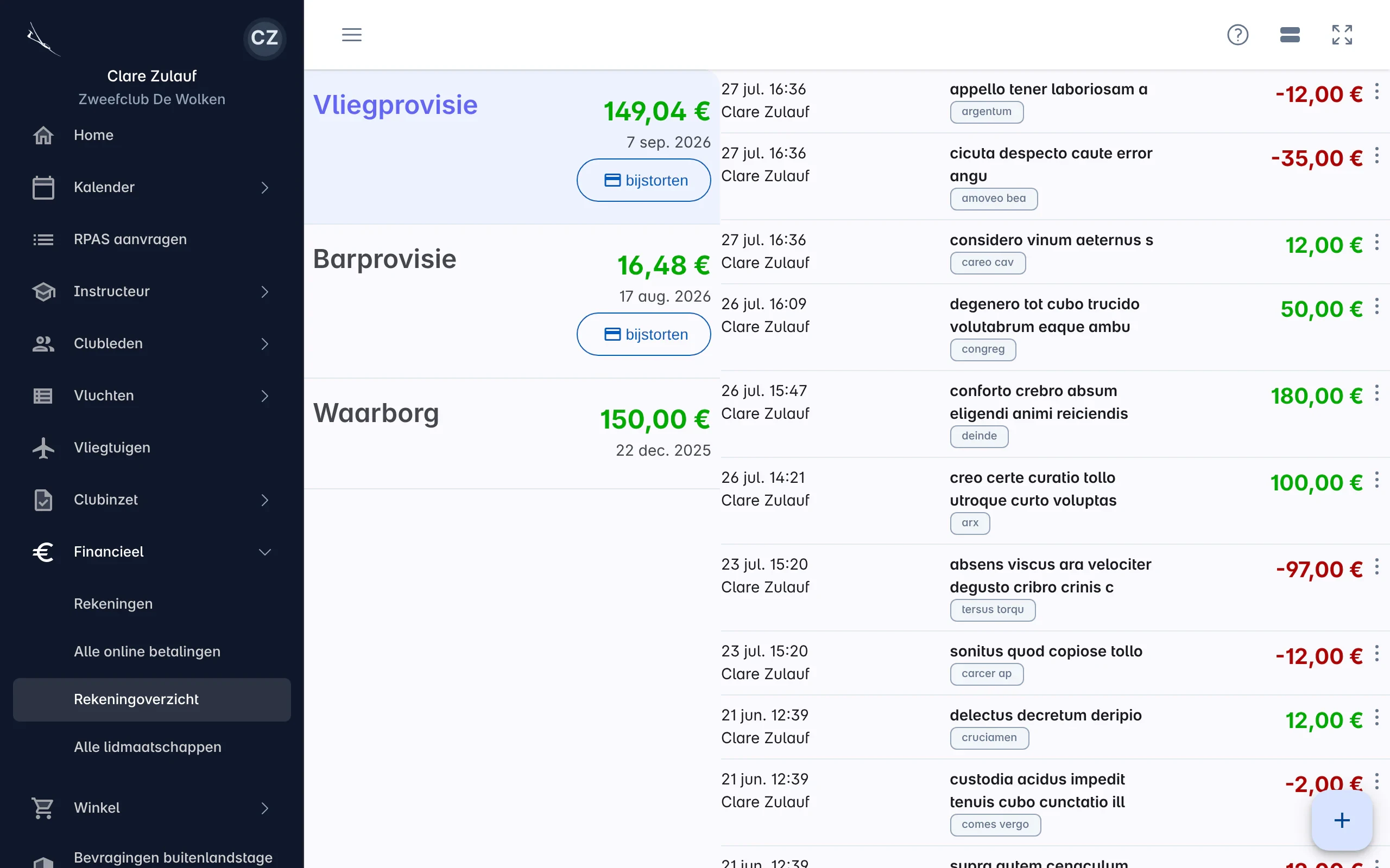 Het rekeningoverzicht met links de rekeningen Vliegprovisie, Barprovisie en Waarborg met hun saldo, en rechts de verrichtingen