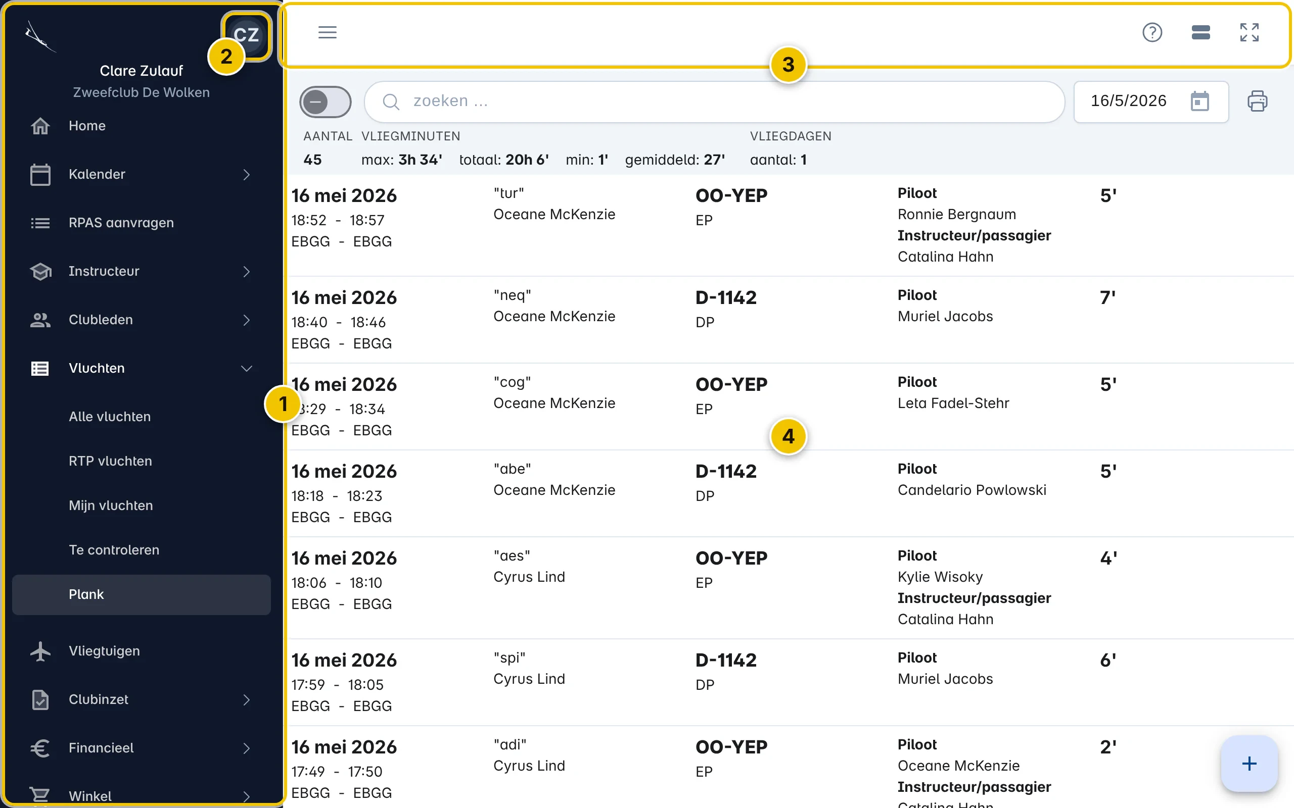 Het scherm van Tabbr met genummerde onderdelen: menu, avatar, header en de inhoud