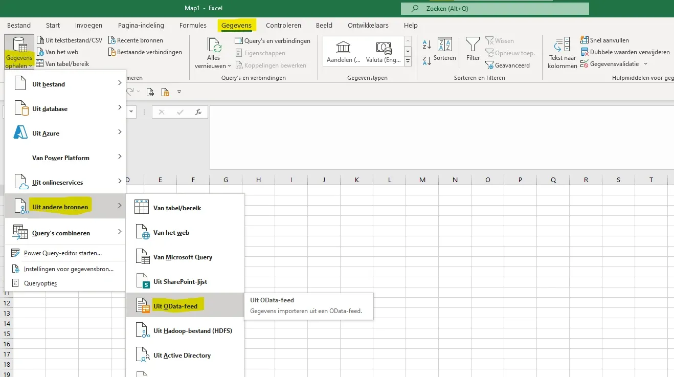 Excel: Gegevens ophalen, Uit andere bronnen, Uit OData-feed