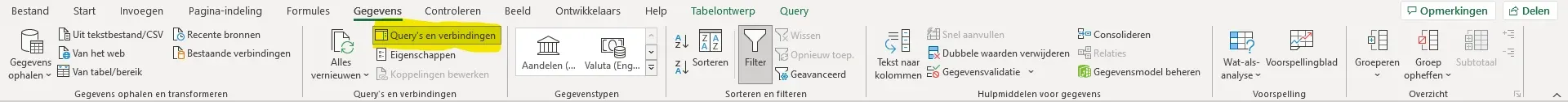 Het lint Gegevens met Query’s en verbindingen aangeduid