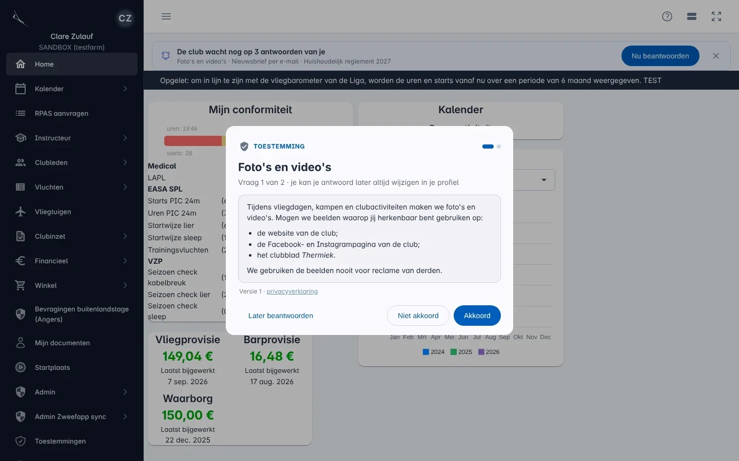 Een vraag om toestemming voor foto's en video's, met de knoppen Later beantwoorden, Niet akkoord en Akkoord